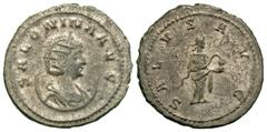 Roman Imperial Coins Salonina. Augusta, A.D. 254-268. BI antoninianus (22 mm, 4.19 g, 12 h). Antioch, under Gallienus, A.D. 265. SALONINA AVG, diademed and draped bust of Salonina right, resting on a 