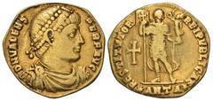 Roman Imperial Coins Valens. A.D. 364-378. AV solidus (19 mm, 3.62 g, 5 h). Antioch, A.D. 364. D N VALENS PER F AVG, diademed, draped and cuirassed bust of Valens right / RESITVTOR REIPVBLICAE, empero