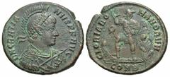Roman Imperial Coins Gratian. A.D. 367-383. Æ (23 mm, 5.87 g, 12 h). Constantinople, A.D. 378-383. D N GRATIA-NVS P F AVG, diademed, helmeted, draped and cuirassed bust of Gratian right, holding spear