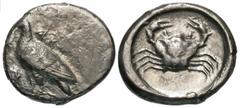 Greek Coins Sicily, Akragas. Ca. 495-480/78 B.C. AR didrachm (20 mm, 7.38 g, 1 h). AK[RA], sea eagle standing left / Crab within shallow incuse circle. Cf. Jenkins grp. III, 10-4 (symbol on rev.); HGC