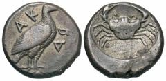 Greek Coins Sicily, Akragas. Ca. 480/478-470 B.C. AR didrachm (19 mm, 8.51 g, 2 h). AK-RA, eagle with closed wings standing right / Crab within circular incuse. Cf. Jenkins grp. IV, 19 (control on rev