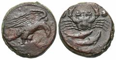 Greek Coins Sicily, Akragas. Ca. 425-406 B.C. Æ hexas (18 mm, 7.85 g, 1 h). [AK-RA], eagle standing right on hare, about to devour it / Crab; below, two fish right; above, two pellets. CNS 63; SNG ANS