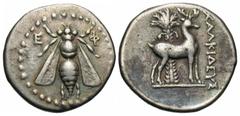 Greek Coins Ionia, Ephesos. Ca. 202-150 B.C. AR drachm (18 mm, 4.08 g, 1 h). Chalkideos, magistrate. Ε-Φ, bee / Stag standing right before palm tree; in right field, magistrate's name: XAΛKIΔEYΣ. Kinn