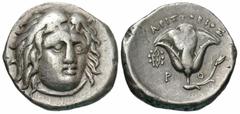 Greek Coins Islands off Caria, Rhodes. Ca. 275-250 B.C. AR didrachm (20 mm, 6.71 g, 12 h). Aristibios, magistrate. Head of Helios facing slightly right / P-O flanking stem, rose, bud to right; above, 