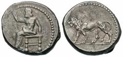 Greek Coins Seleukid Kingdom. Seleukos I Nikator. 312-281 B.C. AR stater (22 mm, 17.16 g, 3 h). Babylon II, native workshop, ca. 311- after 305 B.C. Baal seated left on throne, holding scepter / Lion 