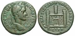 Roman Provincial Coins Moesia Inferior, Nicopolis ad Istrum. Macrinus. A.D. 217-218. Æ (27 mm, 11.79 g, 12 h). Marcus Agrippa, consular legate. Laureate head of Macrinus right / City walls with closed