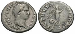 Roman Imperial Coins Otho. A.D. 69. AR denarius (18 mm, 3.36 g, 5 h). Rome. IMP M OTHO CA[ESAR] AVG TR P, bare head of Otho right / VICTORIA OTHONIS, Victory advancing right, holding wreath and palm. 