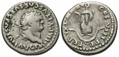 Roman Imperial Coins Titus. A.D. 79-81. AR denarius (18 mm, 3.24 g, 6 h). Rome, A.D. 80. IMP TITVS CAES VESPASIAN AVG P M, laureate head of Titus right / TR P IX IMP XV COS VIII P P, dolphin entwined 