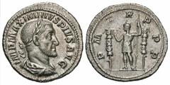 Roman Imperial Coins Maximinus I 'Thrax'. A.D. 235-238. AR denarius (19 mm, 3.20 g, 6 h). Rome, A.D. 235. IMP MAXIMINVS PIVS AVG, laureate, draped and cuirassed bust of Maximinus I right / P M TR P P 