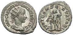 Roman Imperial Coins Gordian III. A.D. 238-244. AR antoninianus (22 mm, 3.87 g, 7 h). Rome, A.D. 238/9. IMP CAES M ANT GORDIANVS AVG, radiate, draped and cuirassed bust of Gordian III right / IOVI CON