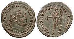Roman Imperial Coins Galerius. As Caesar, A.D. 293-305. Æ follis (26 mm, 9.48 g, 11 h). Cyzicus, A.D. 297-299. GAL VAL MAXIMIANVS NOB CAES, laureate head of Galerius right / GENIO AVGG ET CAESARVM NN,