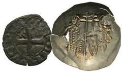 Group Lots [Byzantine & Medieval]. Lot of two EL and BI. Includes: Manuel I Comnenus. EL aspron trachy nomisma // France. Uncertain. BI denier. The trachy cracked and with a hole in the field, otherwi