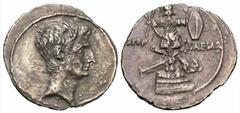 Roman Imperatorial Coins Octavian. 30-29 B.C. AR denarius (19 mm, 3.08 g, 6 h). Italian mint, possibly Rome. Bare head of Octavian right / IMP CAESAR across field, trophy composed of helmet, cuirass, 