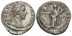 Roman Imperial Coins Commodus. A.D. 177-192. AR denarius (17 mm, 3.06 g, 1 h). Rome, A.D. 182. M COMMODVS ANTONINVS AVG, laureate head of Commodus right / LIB AVG V TR P VII IMP IIII COS III P P, Libe