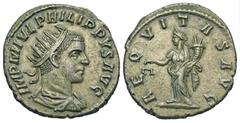 Roman Imperial Coins Philip II. A.D. 247-249. AR antoninianus (20 mm, 4.81 g, 12 h). Antioch, A.D. 247. IMP M IVL PHILIPPVS AVG, radiate, draped and cuirassed bust of Philip II right / AEQVITAS AVG, A