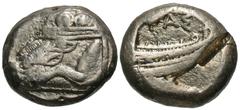 Greek Coins Lycia, Phaselis. Ca. 500-440 B.C. AR stater (18 mm, 11.05 g, 6 h). Galley prow left, terminating in boar forepart / ΦAΣ, galley stern left. SNG Copenhagen 120-1. Test cut on reverse. Nearl