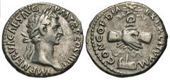 Roman Imperial Coins Nerva. A.D. 96-98. AR denarius (18 mm, 3.42 g, 7 h). Rome, A.D. 97. IMP NERVA CAES AVG P M TR P COS III P P, laureate head of Nerva right / CONCORDIA EXERCITVVM, clasped hands, ho