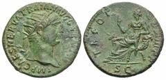Roman Imperial Coins Trajan. A.D. 98-117. Æ dupondius (26 mm, 11.09 g, 6 h). Rome, A.D. 100. IMP CAES NERVA TRAIAN AVG GERM P M, radiate bust of Trajan right, slight drapery on far shoulder / TR P COS