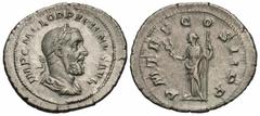 Roman Imperial Coins Pupienus. A.D. 238. AR denarius (22 mm, 2.91 g, 6 h). Rome. IMP C M CLOD PVPIENVS AVG, laureate, draped and cuirassed bust of Pupienus right / P M T R P CO S II P P, Felicitas sta