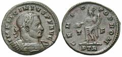 Roman Imperial Coins Licinius I. A.D. 308-324. Æ follis (22 mm, 4.25 g, 6 h). Treveri, A.D. 310-313. IMP LICINIVS P F AVG, laureate and cuirassed bust of Licinius I right / GENIO POP ROM, turreted Gen