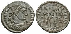 Roman Imperial Coins Constantius II. A.D. 337-361. Æ centenionalis (28 mm, 4.90 g, 12 h). Siscia, under Vetranio, A.D. 350. D N CONSTANTIVS P F AVG, Diademed, draped and cuirassed bust of Constantius 