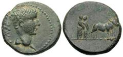 Roman Provincial Coins Macedonia, Philippi(?). Tiberius. A.D. 14-37. Æ (18 mm, 5.14 g, 11 h). TI AVG, bare head of Tiberius right; c/m: AK monogram within rectangular incuse / Two priests plowing righ