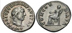 Roman Imperial Coins Vitellius. A.D. 69. AR denarius (20 mm, 3.36 g, 6 h). Rome. A VITELLIVS GERM IMP AVG TR P, laureate head of Vitellius right / CONCOR-DIA P R, Concordia seated left, holding patera