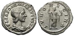 Roman Imperial Coins Julia Soaemias. Augusta, A.D. 218-222. AR denarius (19 mm, 3.16 g, 1 h). Rome, under Elagabalus, A.D. 218-220. IVLIA SOAEMIAS AVG, IVNO REGINA, Juno standing facing, head right, h