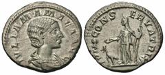 Roman Imperial Coins Julia Mamaea. Augusta, A.D. 222-235. AR denarius (18 mm, 3.3 g, 1 h). Rome, under Severus Alexander, A.D. 222. IVLIA MAMAEA AVG, draped bust of Julia Mamaea right / IVNO CONS-ERVA