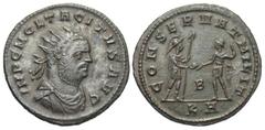 Roman Imperial Coins Tacitus. A.D. 275-276. Æ antoninianus (22 mm, 3.52 g, 5 h). Serdica. IMP CL TACITVS AVG, radiate, draped and cuirassed bust of Tacitus right / CONSERVAT MILIT, Mars standing right