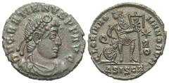 Roman Imperial Coins Gratian. A.D. 367-383. Æ (17 mm, 2.58 g, 5 h). Siscia, A.D. 367-375. D N GRATIANVS P F AVG, pearl-diademed, draped, and cuirassed bust of Gratian right / GLORIA ROMANORVM, Gratian