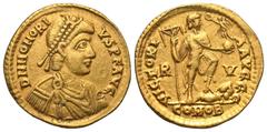 Roman Imperial Coins Honorius. A.D. 393-423. AV solidus (20 mm, 4.29 g, 6 h). Ravenna, A.D. 402-406. D N HONORI-VS P F AVG, diademed, draped and cuirassed bust of Honorius right / VICTORI-A AVGGG, emp