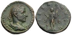 Roman Imperial Coins Trebonianus Gallus. A.D. 251-253. Æ sestertius (26 mm, 20.07 g, 1 h). Rome. Laureate, draped and cuirassed bust of Trebonianus Gallus right / Pietas standing facing, raising both 