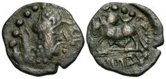 Ancient Indian Coins Mihirakula. A.D. 515-540. Æ coin (19 mm, 2.36 g). Crowned king's bust right, with Brahmi legend Sri Mihira(kula) to right / Humped bull advancing left with crescent above; Brahmi 