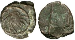 Ancient Indian Coins 6th century A.D. Æ coin (14 mm, 1.88 g). Spider (or octopus?) within circular border / Traces of legend. Not listed in any catalog. This is the first specimen with a spider (or oc