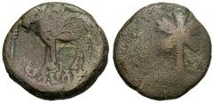 Ancient Indian Coins Satyamitra. 3rd century A.D. Æ coin (20 mm, 7.72 g). Bull standing left, with sacrificial spear to left and Brahmi legend Satyamitasa below / Peacock standing right with palm tree