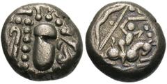 Medieval Indian Coins 12th century Billon gadhaiya paisa (14 mm, 4.18 g). Degenerate Indo-Sasanian bust right / Battle scene showing horseman trampling one victim underfoot, with the victim's sword ly
