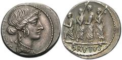 Roman Republican Coins M. Junius Brutus (Q. Servilius Caepio Brutus). 54 B.C. Fourrée denarius (18 mm, 2.97 g, 12 h). Rome. LIBERTAS behind, head of Libertas right, jewels in hair above forehead / BRV