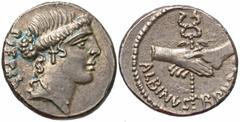 Roman Imperatorial Coins Albinus Bruti f. 48 B.C. AR denarius (16 mm, 3.95 g, 3 h). Rome. PIETAS, head of Pietas right / ALBINVS BRVT[I F], clasped hands holding winged caduceus. Crawford 450/2; HCRI 