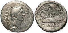 Roman Imperatorial Coins Pompey the Great. 44-43 B.C. AR denarius (17 mm, 3.43 g, 10 h). Massilia. Q. Nasidius, commander of the fleet. NEPTVNI, bare head of Pompey the Great right; in right field, tr