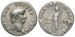 Roman Imperial Coins Nero. A.D. 54-68. AR denarius (17 mm, 3.69 g, 6 h). Lugdunum, A.D. 60/1. NERO CAESAR AVG IMP, bare head of Nero right / PONTIF MAX TR P VII COS IIII P P, EX S C across field, Cere