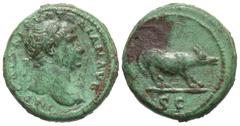 Roman Imperial Coins Trajan. A.D. 98-117. Æ quadrans (17 mm, 2.85 g, 6 h). Rome, ca. A.D. 107. IMP CAES NERVA TRAIAN AVG, laureate head of Trajan right / S C in exergue, wolf at bay right. RIC 691. Gr
