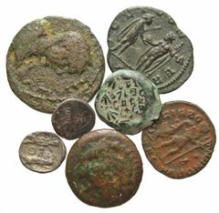 Group Lots [Miscellaneous]. Lot of seven AR and Æ. Includes: Macedonian Kingdom. Antiogonos II Gonatas. Æ // Phoenicia, Sidon. AR 1/8 shekel (x2) // Judaea, Hasmonean Kingdom. Æ prutah // Jewish City 