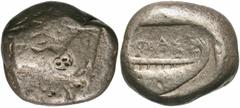 Greek Coins Lycia, Phaselis. Ca. 500-440 B.C. AR stater (18 mm, 10.92 g, 6 h). row of galley left in the form of a forepart of a boar / ΦΑΣ, stern of galley right within incuse square. SNG Copenhagen 