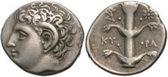 Greek Coins Cyrenaica, Cyrene. Ca. 308-277 B.C. AR didrachm (22 mm, 7.73 g, 6 h). Head of Zeus Karneios left / KY-PA, silphium plant; in upper left field, monogram; in upper right field, star. Müller 