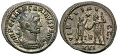 Roman Imperial Coins Carinus. A.D. 282-283. Æ antoninianus (21 mm, 3.44 g, 5 h). Tripolis. IMP C M AVR CARINVS P F AVG, radiate and cuirassed bust of Carinus right / VIRTVS AVGG, emperor standing righ