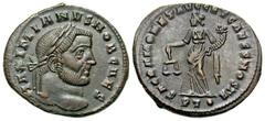 Roman Imperial Coins Galerius. As Caesar, A.D. 293-305. Æ follis (28 mm, 9.28 g, 5 h). Ticinum, A.D. 304/5. MAXIMIANVS NOB CAES, laureate head of Galerius right / SACRA MONET AVGG ET CAESS NOSTR, Mone