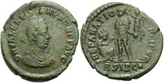 Roman Imperial Coins Valentinian II. Ca. A.D. 375-392. Æ (23 mm, 4.48 g). Siscia. Diademed, draped and cuirassed bust of Valentinian II right / Emperor standing left, raising turreted female and holdi
