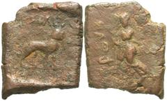 Ancient Indian Coins India, Greco-Baktrian kingdom. Agathokles Dikaios. Ca. 185-175 B.C. Æ unit (25 mm, 10.82 g). Lion standing right / Female deity (goddess Lakshmi) standing facing, holding lotus; B