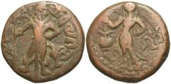 Ancient Indian Coins India, Yaudheya tribe. Ca. 3rd-4th century A.D. Æ unit (23 mm, 10.70 g). Unicephalic Karttikeya standing facing, holding a spear in his right hand, with a small bird near his left